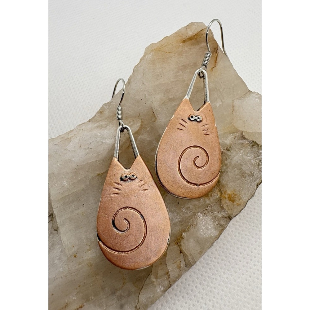 Copper-Plated Cat Earrings‎ Teardrop Dangle Silver Tone Hooks Whimsical Cute